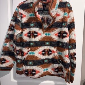 Wrangler Men's Brown and White Patterned Zip Up Sweater